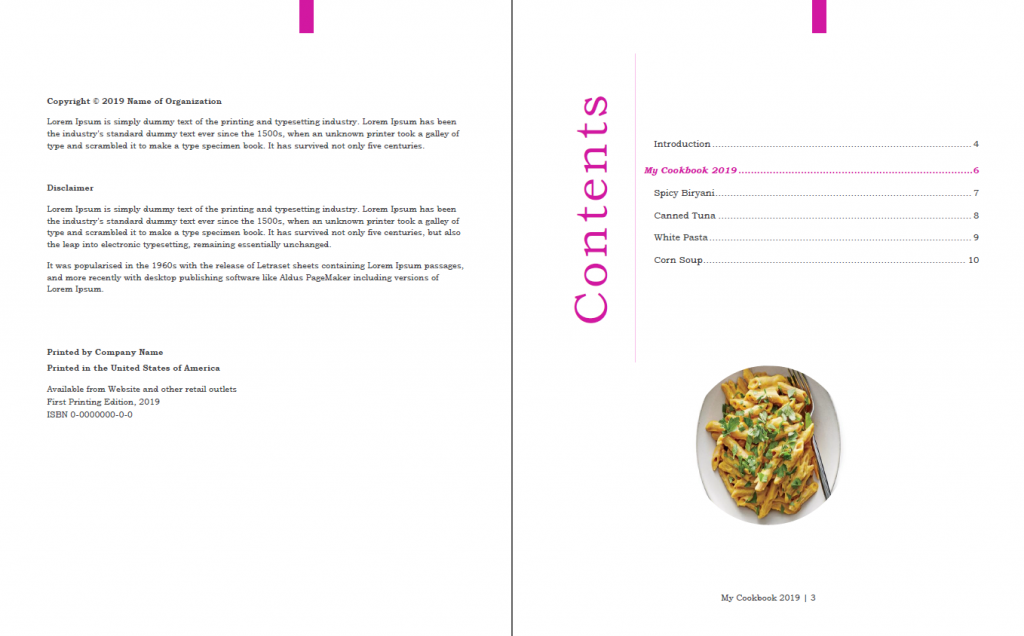 Cookbook design template in Word, automatic TOC