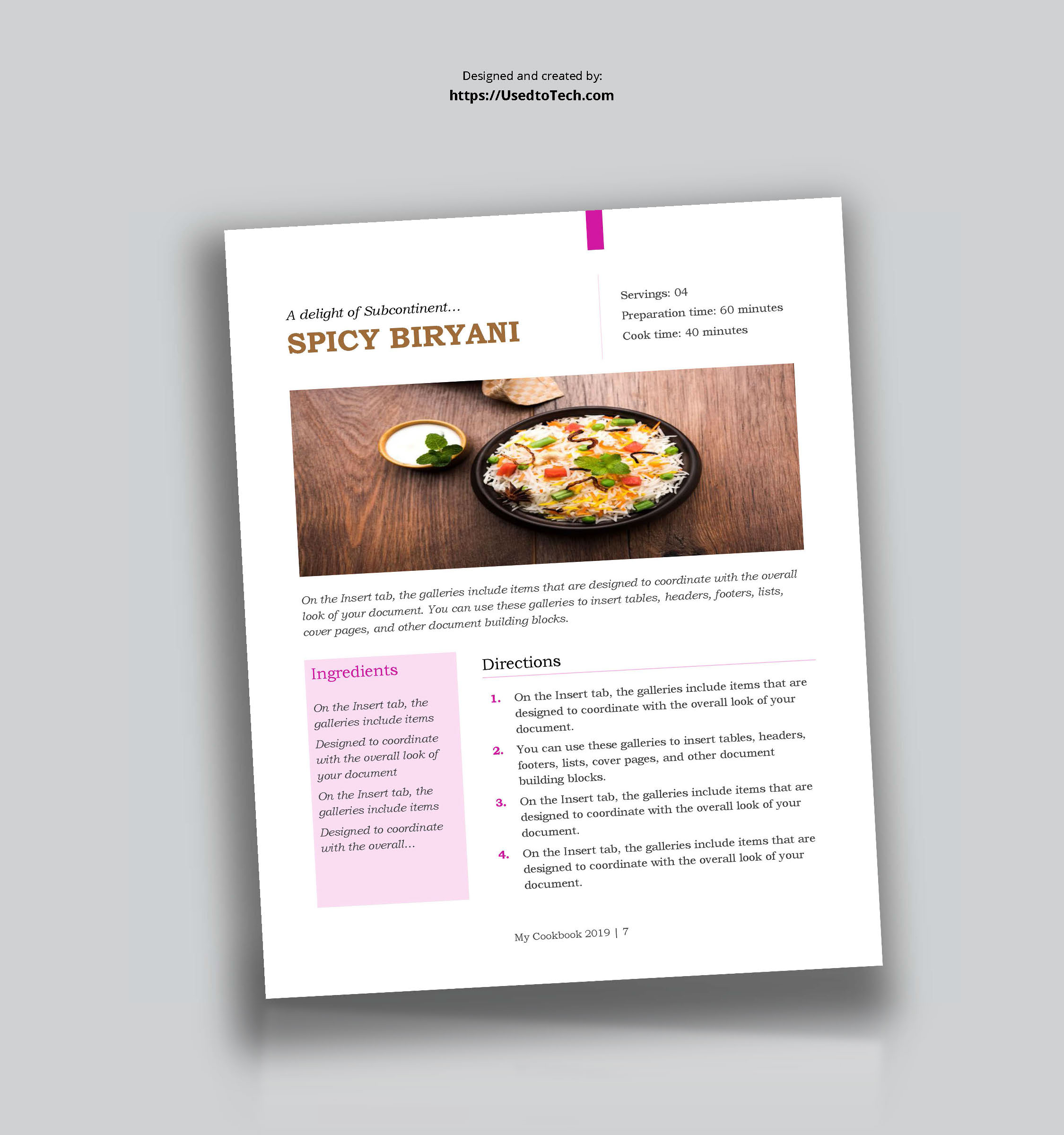 Beautiful cookbook design template in Word Used to Tech