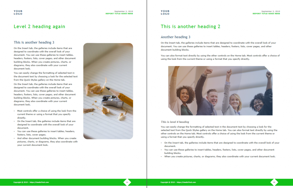 Corporate report design template in Word, inner pages