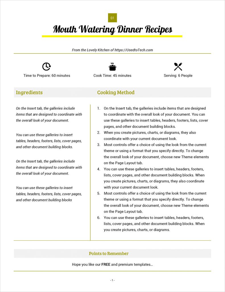 full page recipe template for word