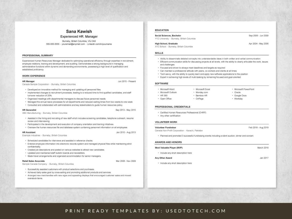Free Canadian style CV in Word